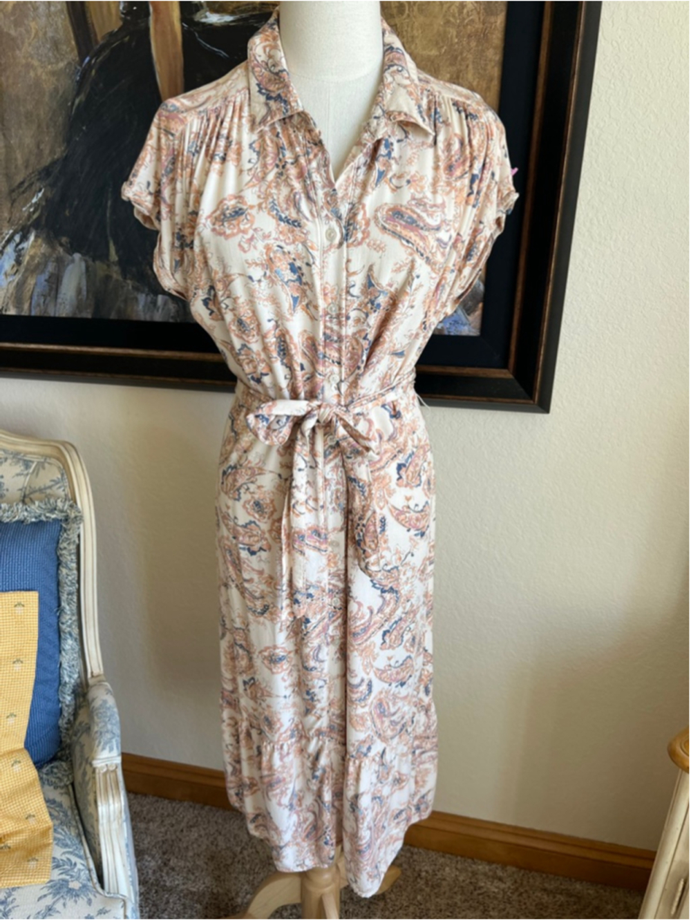 NWT Lucky Brand Paisley Midi Dress M Beige Blue - Picture 4 of 12